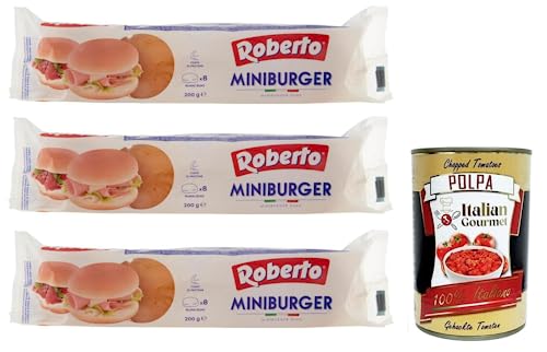 3x Roberto Miniburger Brot,Packung mit 200g, Jede Packung enthält 8 Miniburger + Italian Gourmet Polpa di Pomodoro 400g Dose von Italian Gourmet E.R.