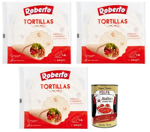 3x Roberto Tortillas,Packung mit 240g, Jede Packung enthält 4 Weiße Weizentortillas + Italian Gourmet Polpa di Pomodoro 400g Dose 3x Roberto Tortillas,Packung mit 240g, Jede Packung enthält 4 Weiße Weizentortillas + Italian Gourmet Polpa di Pomodoro 400g Dose von Italian Gourmet E.R.