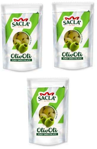 3x Saclà OlivOli Olive Verdi Snocciolate Entkernte Grüne Oliven Ideal für Aperitifs, Salate und zum Anreichern Ihrer Gerichte 185g Beutel (85g Abgetropft) von Italian Gourmet E.R.