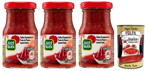 3x Suzi Wan Salsa di Peperoncini,Chilisoße,Sauce Chilischoten,Scharfe Sauce,Ideal für typisch orientalische Gerichte,Glas 100g + Italian Gourmet Polpa di Pomodoro 400g Dose von Italian Gourmet E.R.