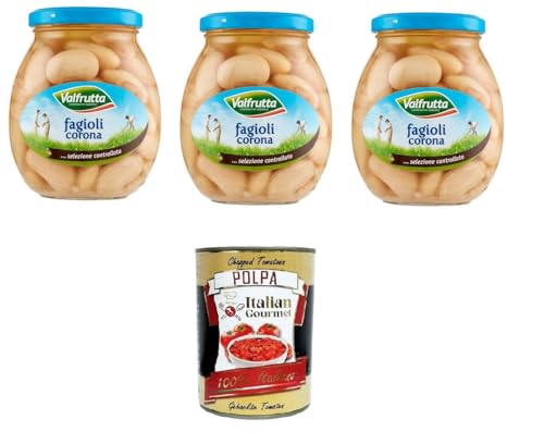 3x Valfrutta Fagioli Corona ,Italienische Corona-Bohnen,Hülsenfrücht Gemüse Gekochte Bohnen,Glas 360g + Italian Gourmet Polpa di Pomodoro 400g Dose von Italian Gourmet E.R.