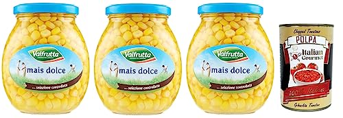 3x Valfrutta Mais Dolce Italiano,Weicher und Natürlich süßer Italienischer Gedämpfter Mais,Glas 360g + Italian Gourmet Polpa di Pomodoro 400g Dose von Italian Gourmet E.R.