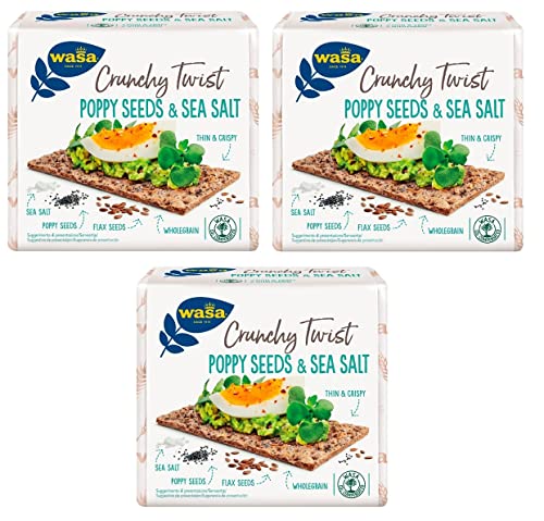 3x Wasa Crunchy Twist Poppy Seeds & Sea Salt, Ballaststoffreiche Vollkorncracker mit Roggenmehl, Leinsamen, Mohn und Meersalz 245g+ Kostenlose Italian Gourmet Polpa di Pomodoro 400g Dose von Italian Gourmet E.R.