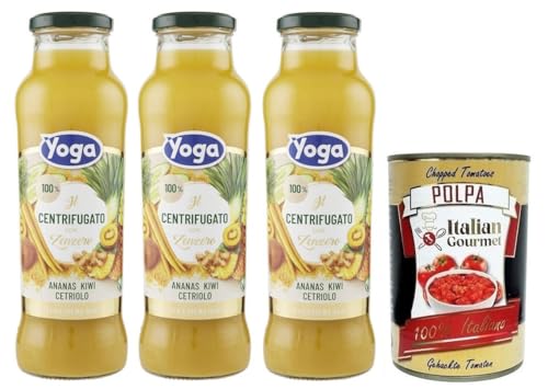 3x Yoga il Centrifugato con Zenzero,Fruchtkonzentrat mit Ingwer, Ananas, Kiwi und Gurke,Fruchtsaft Ohne Zuckerzusatz,680ml Glasflasche + Italian Gourmet Polpa di Pomodoro 400g Dose von Italian Gourmet E.R.