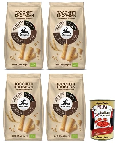 4x Alce Nero Tocchetti Breadsticks,Bio-Backprodukt mit Bio-Khorasan-Weizen und extra natives Olivenöl,Packung mit 150g + Italian Gourmet Polpa di Pomodoro 400g Dose 4x Alce Nero Tocchetti Breadsticks,Bio-Backprodukt mit Bio-Khorasan-Weizen und extra natives Olivenöl,Packung mit 150g + Italian Gourmet Polpa di Pomodoro 400g Dose von Italian Gourmet E.R.