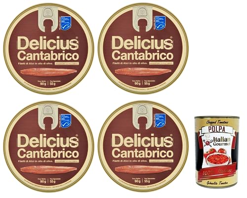 4x Delicius Cantabrico Filetti di Alici in Olio di Oliva,Sardellenfilets in Olivenöl,Hochwertiger Blauer Fisch,90g Dose + Italian Gourmet Polpa di Pomodoro 400g Dose von Italian Gourmet E.R.