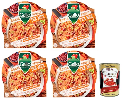 4x Gallo Bontà Pronte Tex-Mex Riso Basmati,Vorgekochte Zubereitung auf Basis von braunem Basmatireis, Paprika, Bohnen, Hühnchen und Chorizo,220g + Italian Gourmet Polpa di Pomodoro 400g Dose von Italian Gourmet E.R.