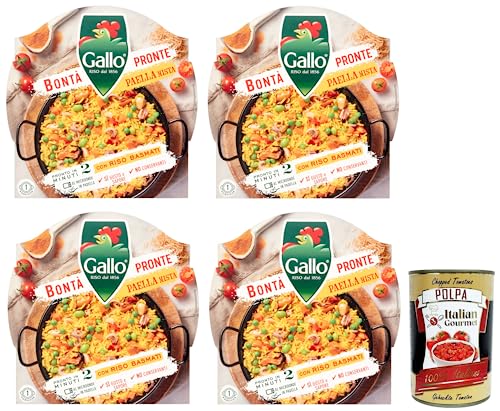 4x Riso Gallo Bontà Pronte Paella Mista mit Vollkorn-Basmatireis, Gemüse, Hähnchen, Muscheln und Tintenfisch,Packung mit 220g + Italian Gourmet Polpa di Pomodoro 400g Dose von Italian Gourmet E.R.