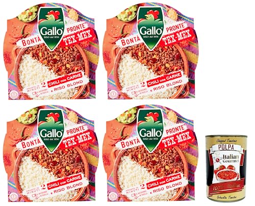 4x Riso Gallo Bontà Pronte Tex-Mex Chili con Carne,Vorgekochte Zubereitung auf Basis von Parboiled-Reis, Bohnen, Fleisch und Paprika 220g + Italian Gourmet Polpa di Pomodoro 400g Dose 4x Riso Gallo Bontà Pronte Tex-Mex Chili con Carne,Vorgekochte Zubereitung auf Basis von Parboiled-Reis, Bohnen, Fleisch und Paprika 220g + Italian Gourmet Polpa di Pomodoro 400g Dose von Italian Gourmet E.R.