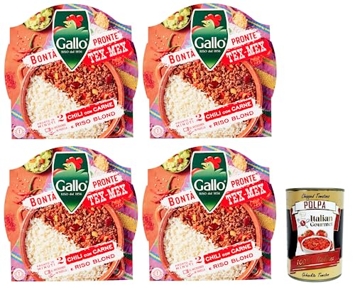 4x Riso Gallo Bontà Pronte Tex-Mex Chili con Carne,Vorgekochte Zubereitung auf Basis von Parboiled-Reis, Bohnen, Fleisch und Paprika 220g + Italian Gourmet Polpa di Pomodoro 400g Dose von Italian Gourmet E.R.