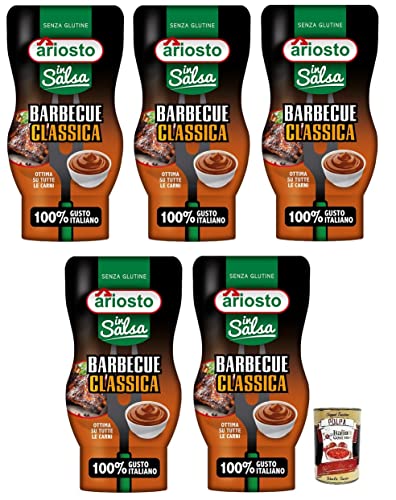 5x Ariosto Salsa Barbecue Classica,Klassische BBQ-Sauce, glutenfrei,mit einem würzigen und rauchigen Geschmack,100% italienischer Tomaten,315-g-Squeeze Flasche + Italian Gourmet Polpa 400g von Italian Gourmet E.R.