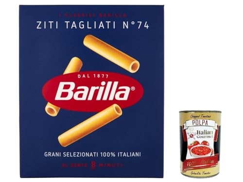 5x Barilla Ziti Tagliati n° 74, Pasta 100% italienisch Nudeln aus Hartweizengrieß 500g Packung + Italian Gourmet Polpa di Pomodoro 400g Dose von Italian Gourmet E.R.