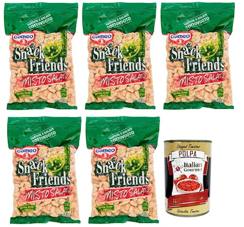 5x Cameo Snack Friends Misto Salato,Geröstete und Gesalzene Mischung aus Erdnüssen, Cashewnüssen, Haselnüssen und Mandeln,Vakuumverpackungen 250g + Italian Gourmet Polpa di Pomodoro 400g Dose von Italian Gourmet E.R.