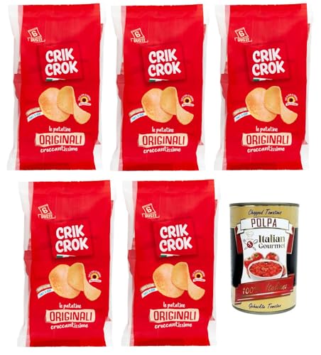 5x Crik Crok Le Patatine Originali,Kartoffelchips Glutenfrei,Gesalzen Snack,150g Packung,Jede Packung enthält 6 Beutel à 25g + Italian Gourmet Polpa di Pomodoro 400g Dose von Italian Gourmet E.R.