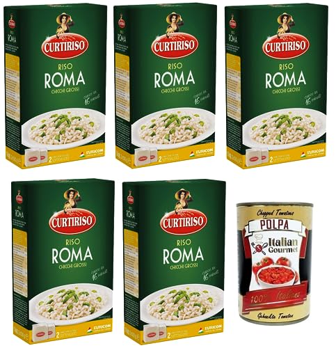 5x Curtiriso Riso Roma,100% Italienischer Reis,Ideal für weiche Risottos,Reis mit Sauce und Timbales Kochzeit 16 Minuten,Packung mit 1Kg + Italian Gourmet Polpa di Pomodoro 400g Dose von Italian Gourmet E.R.