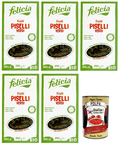 5x Felicia Fusilli di Piselli Verdi,Pasta mit 100% Grüne Erbsen aus einer Italienischen Lieferkette,Bio und Natürlich Glutenfrei,Packung mit 250g + Italian Gourmet Polpa di Pomodoro 400g Dose von Italian Gourmet E.R.