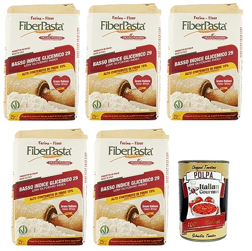 5x FiberPasta Farina Mehl ist ein Weizenmehl Präparat mit 15% Ballaststoffen,niedriger glykämischer Index + Italian Gourmet Polpa di Pomodoro 400g Dose von Italian Gourmet E.R.