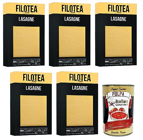 5x Filotea Lasagne Pasta all'Uovo,Eierlasagne,Eiernudeln aus italienischen Rohstoffen,Packung mit 250g + Italian Gourmet Polpa di Pomodoro 400g Dose von Italian Gourmet E.R.