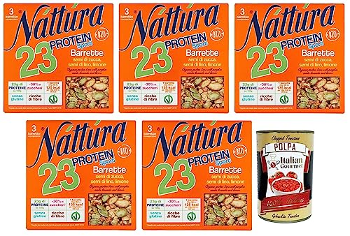 5x Náttúra Protein Sport Proteinriegel Bio-Kürbiskerne, Leinsamen, Zitrone,Packung mit 75g,jede Packung enthält 3 Riegel à 25g + Italian Gourmet Polpa di Pomodoro 400g Dose von Italian Gourmet E.R.