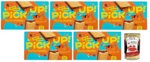 5x Pick Up Salted Caramel,Milchschokoladentafel mit Gesalzener Karamellfüllung im Doppelkeks,128g Packung,Jede Packung enthält 4 Kekse à 28g + Italian Gourmet Polpa di Pomodoro 400g Dose von Italian Gourmet E.R.