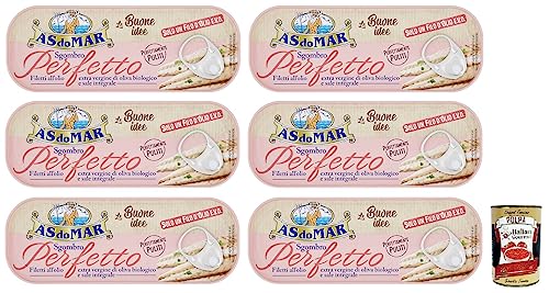 6x AS do MAR Filetti di Sgombro Perfetto,Makrelenfilets in Bio-Olivenöl Extra und Vollsalz,120g Dose + Italian Gourmet Polpa di Pomodoro 400g Dose von Italian Gourmet E.R.