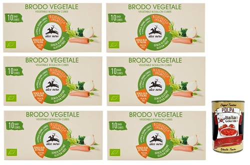 6x Alce Nero Brodo Vegetale,Zubereitet für Bio-Brühe in Würfeln,Packung mit 100g, jede Packung enthält 10 Bio-Gemüsebrühwürfel à 10g + Italian Gourmet Polpa di Pomodoro 400g Dose von Italian Gourmet E.R.