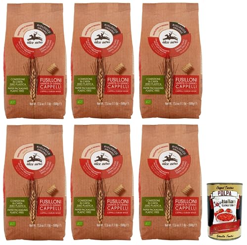 6x Alce Nero Pasta Fusilloni,Bio-Hartweizen Nudeln,Mit Bio-Cappelli-Hartweizen,Angebaut in Italien,Packung mit 500g + Italian Gourmet Polpa di Pomodoro 400g Dose von Italian Gourmet E.R.