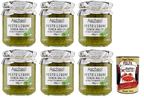 6x Ascheri 1960 Pesto Ligure Senza Aglio con Basilico Genovese,Pesto Sauce Ohne Knoblauch mit Genuesischem Basilikum d.o.p. Glas 180g + Italian Gourmet Polpa di Pomodoro 400g Dose von Italian Gourmet E.R.