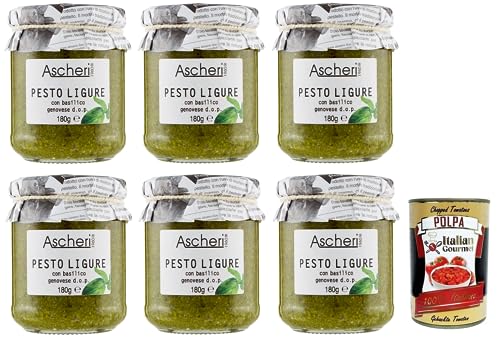 6x Ascheri 1960 Pesto Ligure con Basilico Genovese,Pesto Sauce mit Genuesischem Basilikum d.o.p. Glas 180g + Italian Gourmet Polpa di Pomodoro 400g Dose von Italian Gourmet E.R.