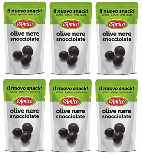 6x D'Amico Il Nuovo Snack Olive Nere Snocciolate Entsteinte Schwarze Oliven Ohne Flüssigkeit 75g von Italian Gourmet E.R.