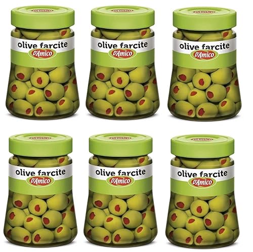 6x D'Amico Olive Verdi Farcite con Pasta di Peperoni Grüne Oliven in Salzlake Gefüllt mit Peperonipaste 290g von Italian Gourmet E.R.