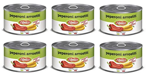 6x D'Amico Peperoni Arrostiti Interi e Spellati Ganze und Geschälte Geröstete Peperoni Frisch Verarbeitet 400g von Italian Gourmet E.R.