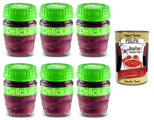 6x Delicius Filetti Di Alici In Olio Di Girasole,Sardellenfilets in Sonnenblumenöl,Hochwertiger Blauer Fisch,Glas 58g + Italian Gourmet Polpa di Pomodoro 400g Dose 6x Delicius Filetti Di Alici In Olio Di Girasole,Sardellenfilets in Sonnenblumenöl,Hochwertiger Blauer Fisch,Glas 58g + Italian Gourmet Polpa di Pomodoro 400g Dose von Italian Gourmet E.R.