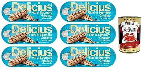 6x Delicius Filetti di Sgombro Grigliati al Naturale,Natürliche Gegrillte Makrelenfilets,reich an Omega 3,Hochwertiger Blauer Fisch,110g Dose + Italian Gourmet Polpa di Pomodoro 400g Dose 6x Delicius Filetti di Sgombro Grigliati al Naturale,Natürliche Gegrillte Makrelenfilets,reich an Omega 3,Hochwertiger Blauer Fisch,110g Dose + Italian Gourmet Polpa di Pomodoro 400g Dose von Italian Gourmet E.R.