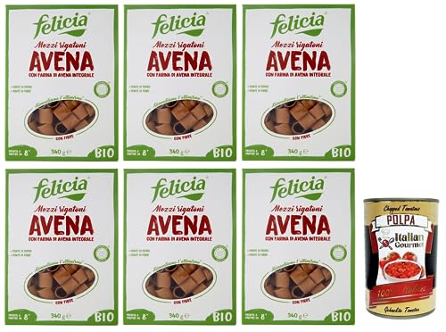 6x Felicia Mezzi Rigatoni Avena,Pasta con Farina di Avena integrale,Nudeln mit Vollkorn-Haferflocken,Bio und Natürlich Glutenfrei,Packung mit 340g + Italian Gourmet Polpa di Pomodoro 400g Dose von Italian Gourmet E.R.