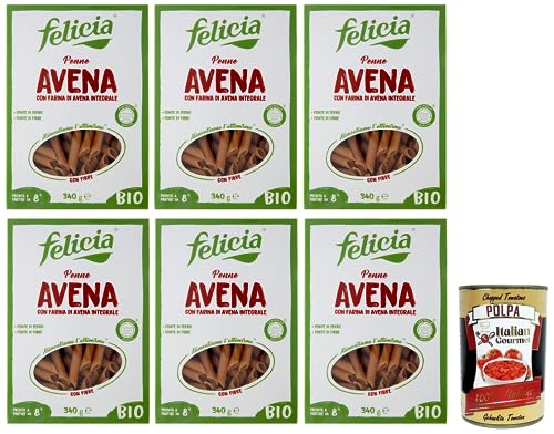 6x Felicia Penne Avena,Pasta con Farina di Avena integrale,Nudeln mit Vollkorn-Haferflocken,Bio und Natürlich Glutenfrei,Packung mit 340g + Italian Gourmet Polpa di Pomodoro 400g Dose von Italian Gourmet E.R.