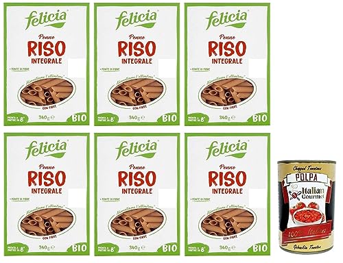 6x Felicia Penne di Riso Integrale,Pasta mit 100% braunem Reis aus der italienischen Lieferkette,Bio und Natürlich Glutenfrei,Packung mit 340g + Italian Gourmet Polpa di Pomodoro 400g Dose von Italian Gourmet E.R.