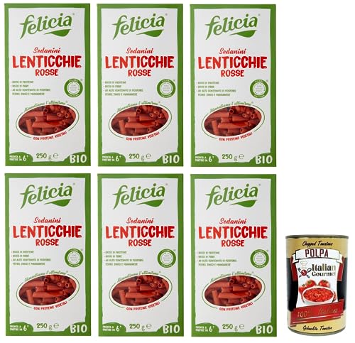 6x Felicia Sedanini di Lenticchie Rosse,Pasta mit 100% Roten Linsen aus der Italienischen Lieferkette,Bio und Natürlich Glutenfrei,Packung mit 250g + Italian Gourmet Polpa di Pomodoro 400g Dose von Italian Gourmet E.R.