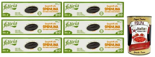 6x Felicia Spaghetti alla Spirulina,Nudeln mit Braunem Reismehl,Pasta mit Bio-Apulia-Kundi-Spirulina,Glutenfrei,Packung mit 250g + Italian Gourmet Polpa di Pomodoro 400g Dose von Italian Gourmet E.R.