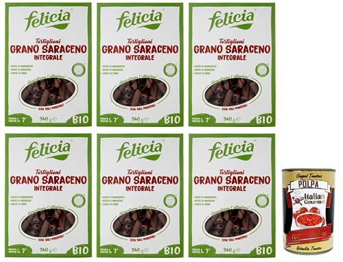 6x Felicia Tortiglioni di Grano Saraceno Integrale,Pasta mit 100% Bio-Buchweizen,Bio und Natürlich Glutenfrei,Packung mit 340g + Italian Gourmet Polpa di Pomodoro 400g Dose von Italian Gourmet E.R.