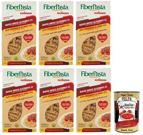 6x FiberPasta Fusilli Hartweizengrieß Pasta mit 15% Ballaststoffen,niedriger glykämischer Index,100% Italienischer Weizen,250g + Italian Gourmet Polpa di Pomodoro 400g Dose von Italian Gourmet E.R.