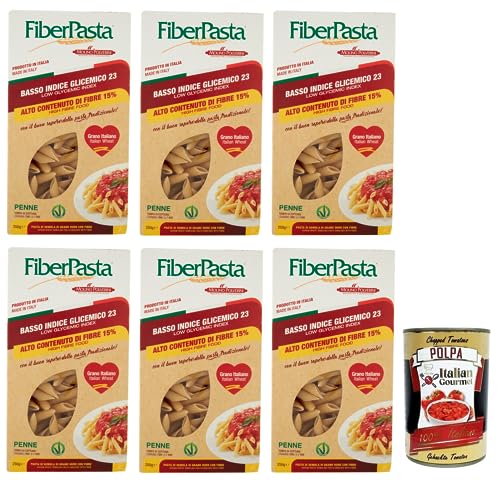 6x FiberPasta Penne Hartweizengrieß Pasta mit 15% Ballaststoffen,niedriger glykämischer Index,100% Italienischer Weizen,250g + Italian Gourmet Polpa di Pomodoro 400g Dose von Italian Gourmet E.R.