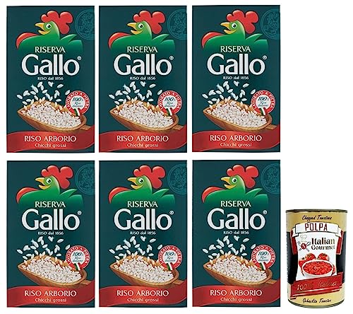 6x Gallo Riso Arborio Riserva,100% Italienischer Reis,Kochzeit 15 Minuten,Packung mit 1Kg + Italian Gourmet Polpa di Pomodoro 400g Dose von Italian Gourmet E.R.