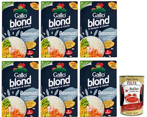 6x Gallo Riso Blond Basmati,Kochzeit 8 Minuten,Reis Ideal für Salate, Leichte Rezepte und Poké Bowl,Packung mit 500g + Italian Gourmet Polpa di Pomodoro 400g Dose von Italian Gourmet E.R.