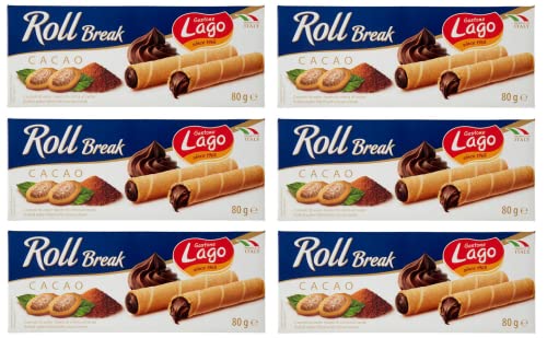 6x Gastone Lago Roll Break Cacao Waffelpad Wafer gefüllt mit Kakaocreme 80g von Italian Gourmet E.R.