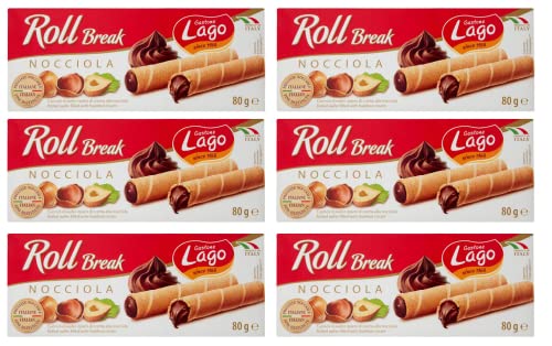 6x Gastone Lago Roll Break Nocciola Waffelpad Wafer gefüllt mit Haselnusscreme 80g von Italian Gourmet E.R.