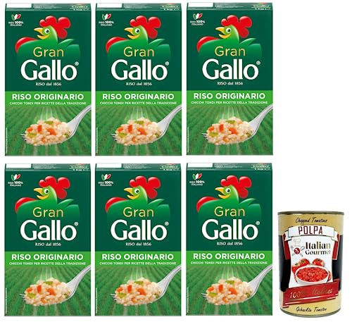 6x Gran Gallo Riso Originario,100% Italienischer Reis,Kochzeit 15 Minuten,ideal für die Zubereitung von Füllungen,Packung mit 1Kg + Italian Gourmet Polpa di Pomodoro 400g Dose von Italian Gourmet E.R.