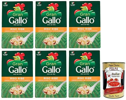6x Gran Gallo Riso Ribe,100% Italienischer Reis, ideal für jede Art von Rezept,Kochzeit 15 Minuten,Packung mit 500g + Italian Gourmet Polpa di Pomodoro 400g Dose von Italian Gourmet E.R.