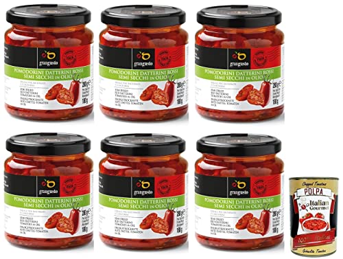 6x Grangusto Pomodorini Datterini Rossi Semi Secchi in Olio,Halbgetrocknete Rote Dattel-Tomaten in Öl,Italienische Tomate,280g Glas + Italian Gourmet Polpa di Pomodoro 400g Dose von Italian Gourmet E.R.