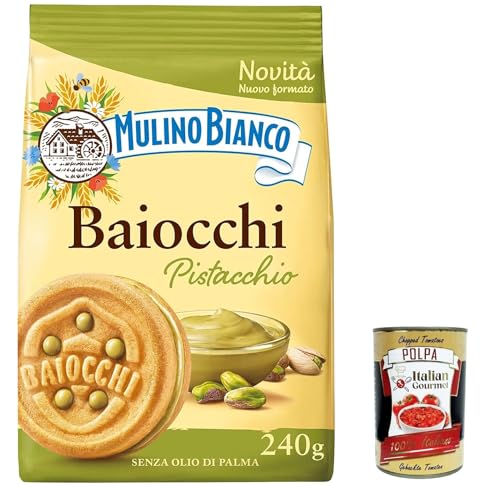 6x Mulino Bianco Baiocchi Pistacchio,Kekse mit Pistazien und Mürbeteig, ideal zum Frühstück oder Snack, ohne Palmöl 240g + Italian Gourmet Polpa di Pomodoro 400g Dose von Italian Gourmet E.R.